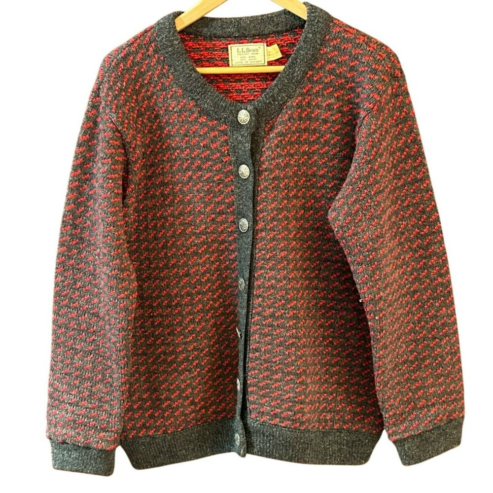 Vintage LL Bean Women's Gray Red Birdseye Button Front Cardigan Large Wool Blend